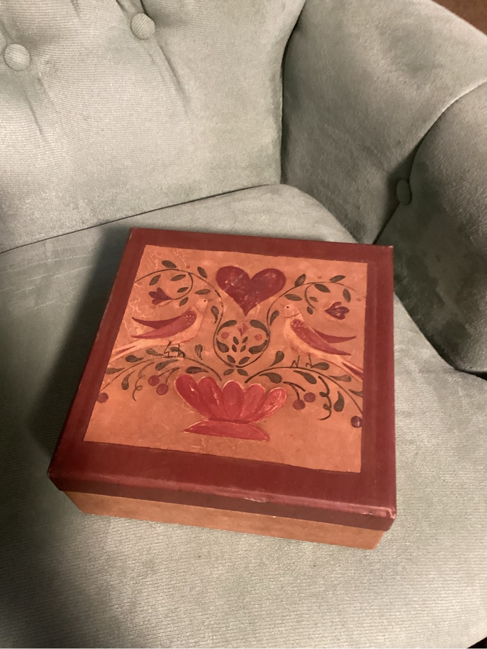 Primitive Red and Tan Folk Art Jewelry Box